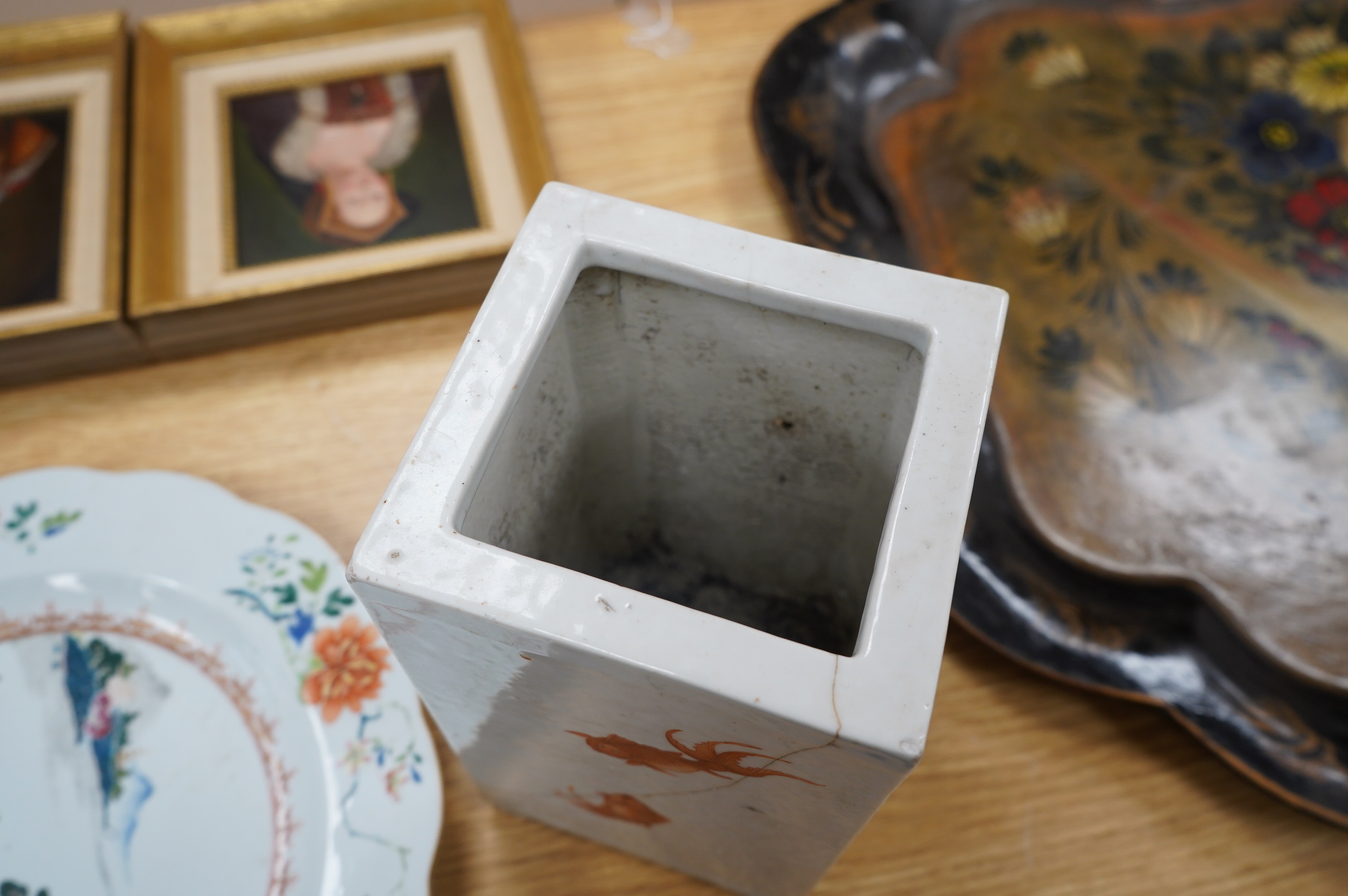 A Chinese square vase painted with fish, and a Chinese famille rose scenic dish, vase 22cm high. Condition - fair